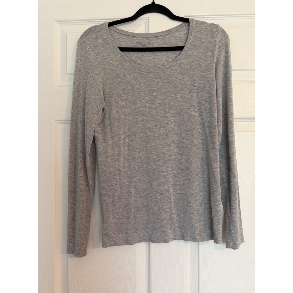 Eileen Fisher Grey Long Sleeve Scoop Neck Viscose Stretch Top Italian Yarn M